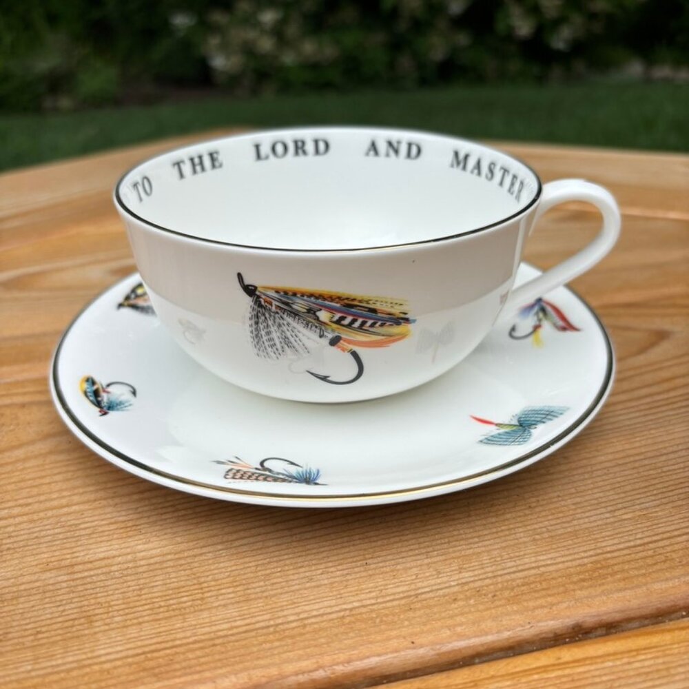 Large Eximious Bone China Tea Cup & Saucer "Fishing Lures" England RARE